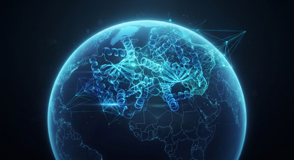 Blue globe with interconnected neural-like spirals and network lines, representing global digital connectivity and biotech networks