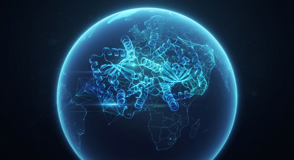 Blue 3D molecular structure hovering over a glowing Earth, symbolizing global biotechnology research.