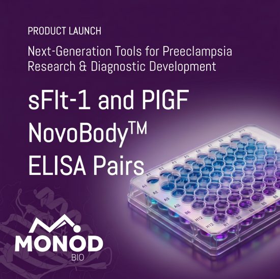 Product launch banner for preeclampsia research tools, including ELISA pairs and NovoBody imagery with a microplate corner.